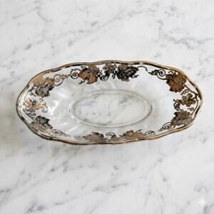 Vintage Silver Overlay Glass Relish Dish Grape Vine Design 9"